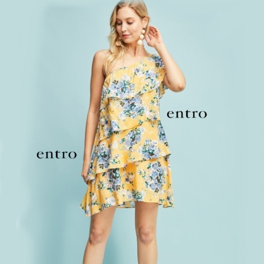 Fun Mustard Floral Print One Shoulder Tiered Dress